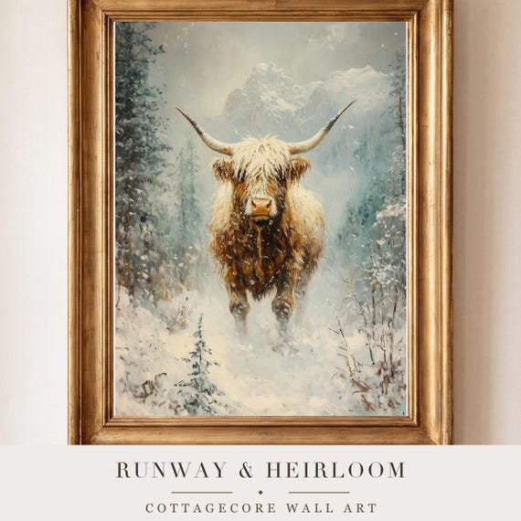 Highland Cow in Snow Antique Oil Painting — view 4