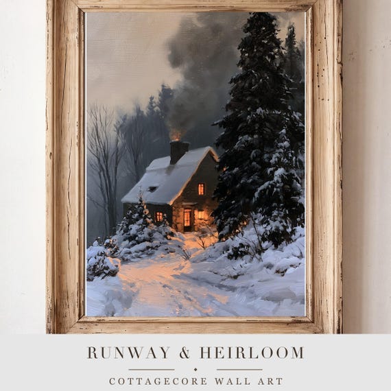 Snowy Stone Chimney Antique Oil Painting