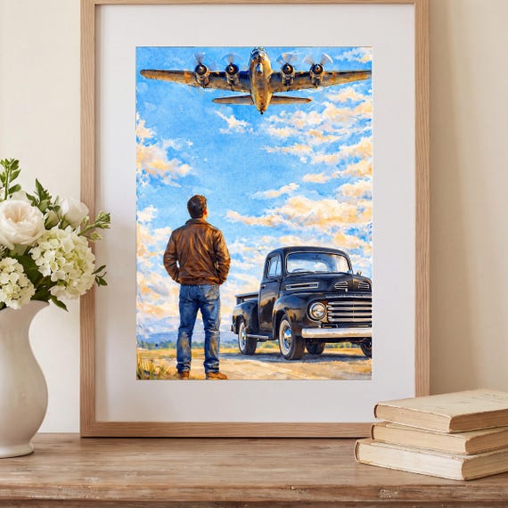 Vintage Truck and Airplane Watercolor Print — view 2