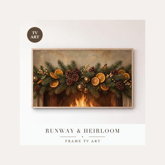 Christmas Garland Frame TV Art, Samsung Frame TV Art Cozy Fireplace Oil Painting, Mantel Holida…