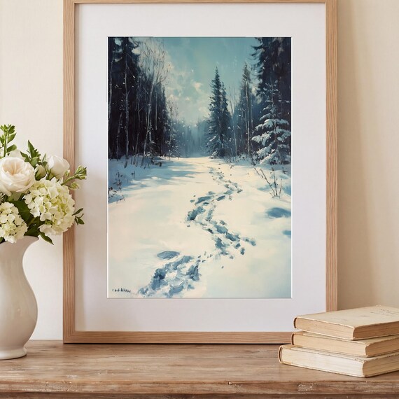 Animal Tracks in Snow Antique Oil Painting — view 2