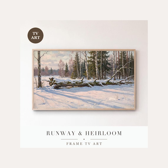 Fallen Log Frame TV Art, Samsung Frame TV Art Snowy Woodland Oil Painting, Minimalist Winter Na…