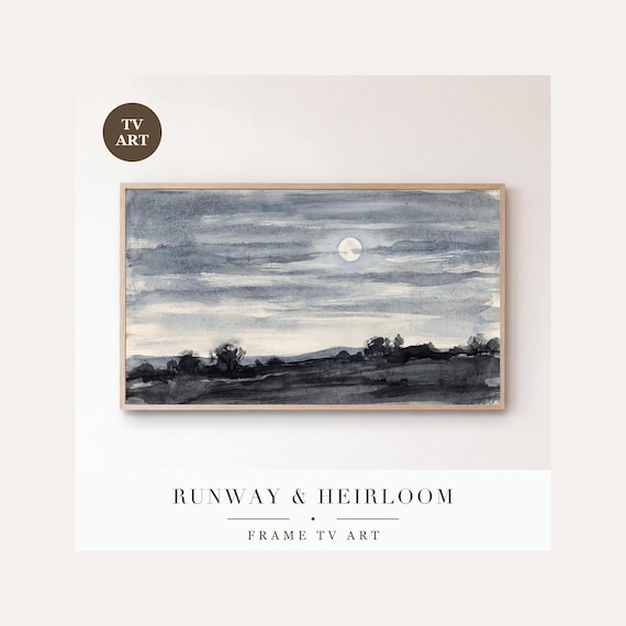 Moon and Streaked Cloud Frame TV Art, Samsung Frame TV Art Soft Nocturne Painting, Minimalist N…