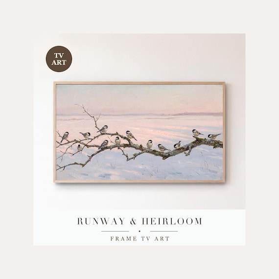 Chickadees Frame TV Art, Samsung Frame TV Art Snowy Woodland Oil Painting, Minimalist Winter Bi…