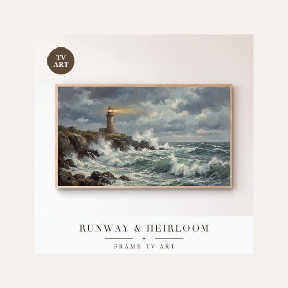 Storm Waves on Rocks Frame TV Art, Samsung Frame TV Art Dramatic Seascape Oil Painting, Moody C…