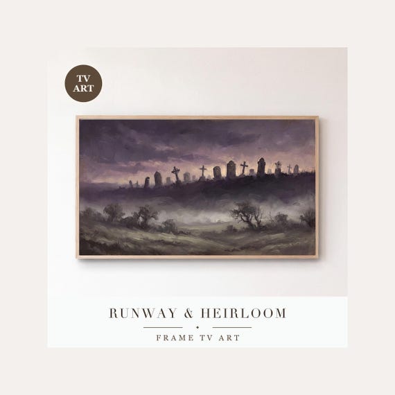 Cemetery Hill at Dusk Frame TV Art, Samsung Frame TV Art Romantic Gothic Oil Painting, Moody Ha…
