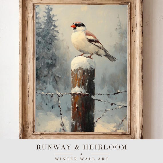 Snow Bunting on a Fence Antique Oil Painting