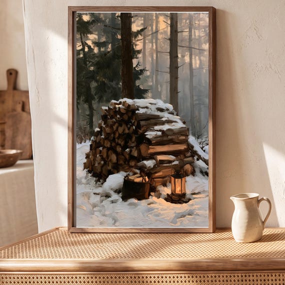 Snowy Woodpile Antique Oil Painting — view 5