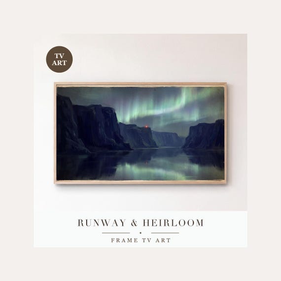 Fjord Cliffs Aurora Frame TV Art, Samsung Frame TV Art Northern Lights Painting, Nordic Winter …