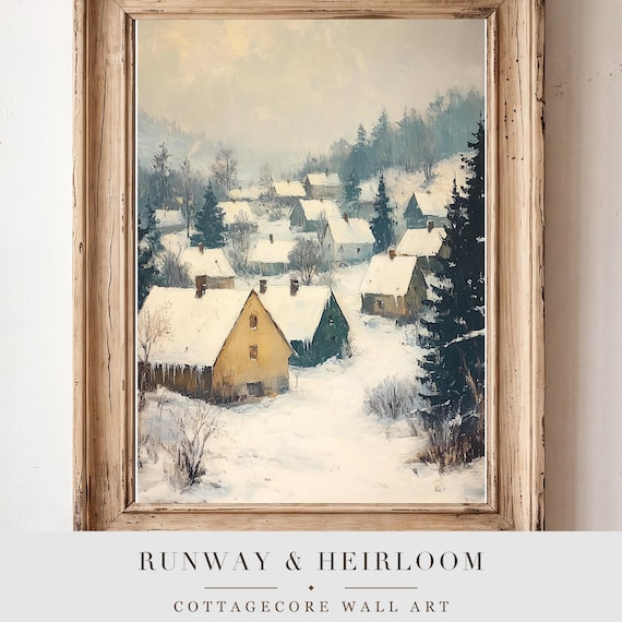 Snowy Village Rooftops Antique Oil Painting