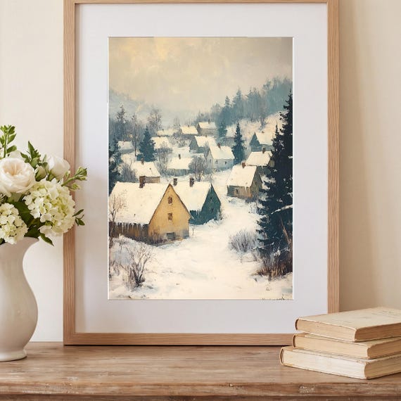 Snowy Village Rooftops Antique Oil Painting — view 2