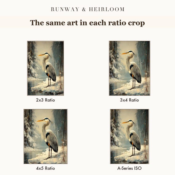 Grey Heron on Frozen Marsh Antique Oil Painting — view 6