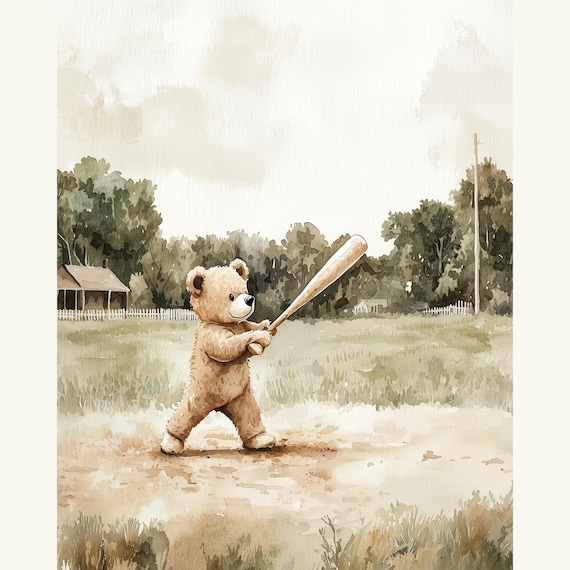 Vintage Baseball Teddy Nursery Art