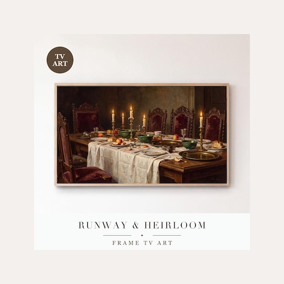 The Meal Over Frame TV Art, Samsung Frame TV Art Candlelit Christmas Feast Oil Painting, Holida…