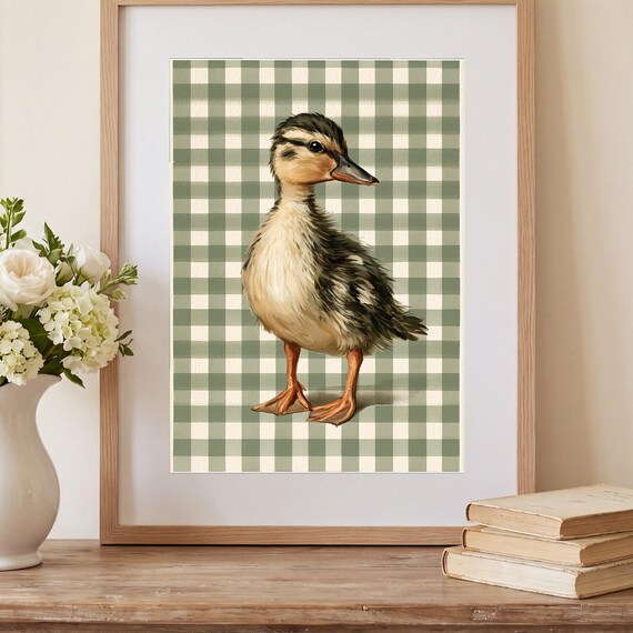 Duckling on Ticking Stripes Watercolor Art Print — view 2