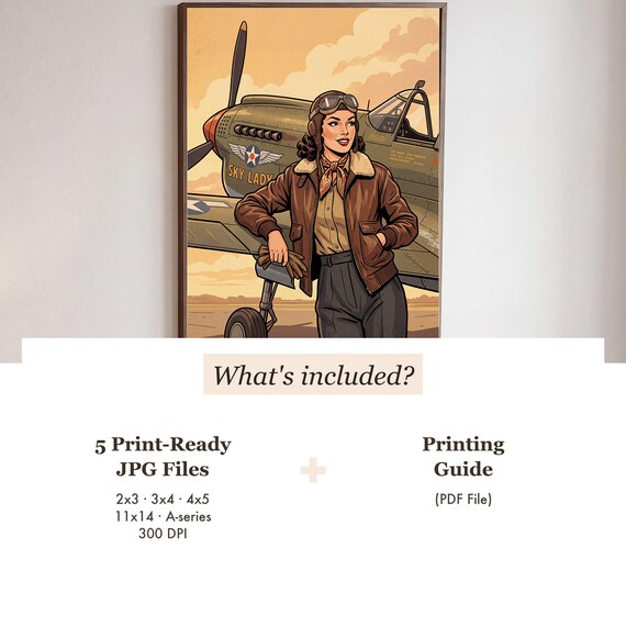 Aviatrix Print Vintage Aviation Pinup Wall Art Retro WWII Pin Up Poster Man Digital Download Aircraft Airplane Warbird Hangar Office &mdash; view 3