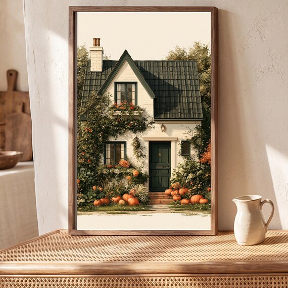 Autumn Cottage with Pumpkins Watercolor Print — view 5