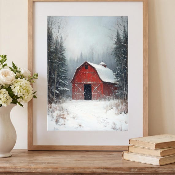 Red Barn in Snow Antique Oil Painting — view 2
