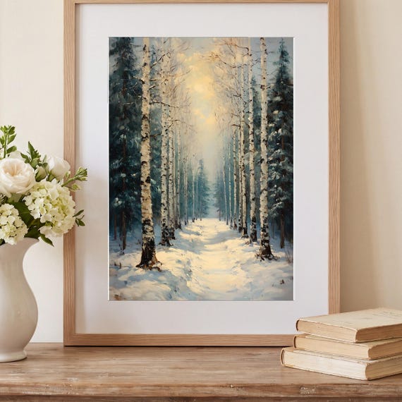 Birch Grove in Winter Antique Oil Painting — view 2