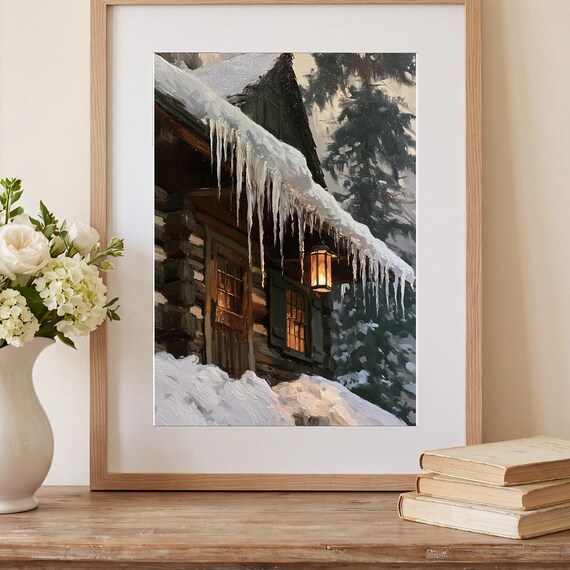 Icicles on a Cabin Antique Oil Painting — view 2