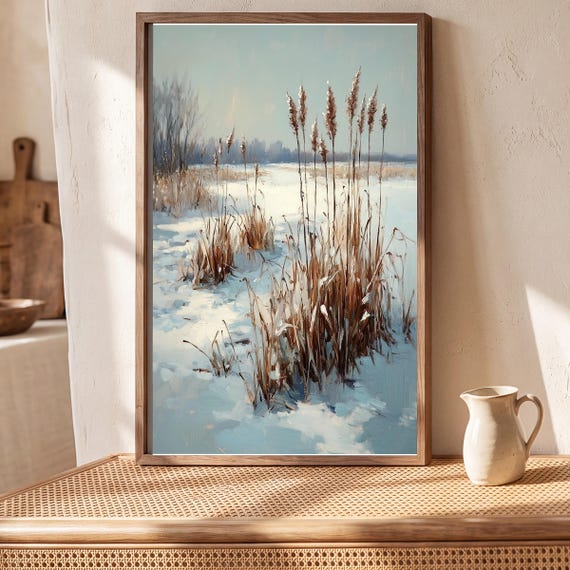Reeds in a Frozen Marsh Antique Oil Painting — view 5