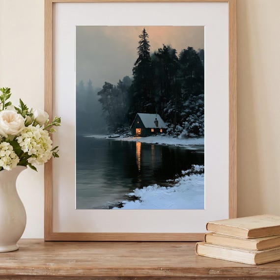 Ice Fishing Hut Antique Oil Painting — view 2