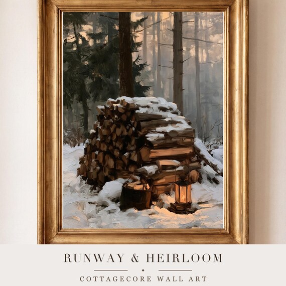 Snowy Woodpile Antique Oil Painting — view 4