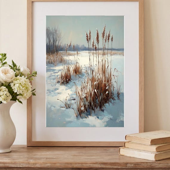 Reeds in a Frozen Marsh Antique Oil Painting — view 2