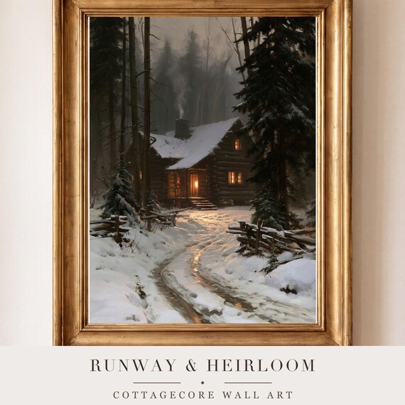 Snowy Log Cabin Antique Oil Painting Print — view 4