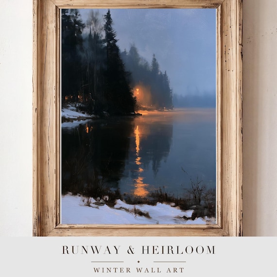 Frozen Lake at Blue Hour Antique Oil Painting