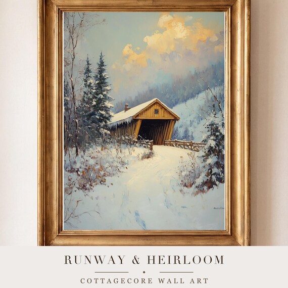 Covered Bridge in Winter Antique Oil Painting — view 4