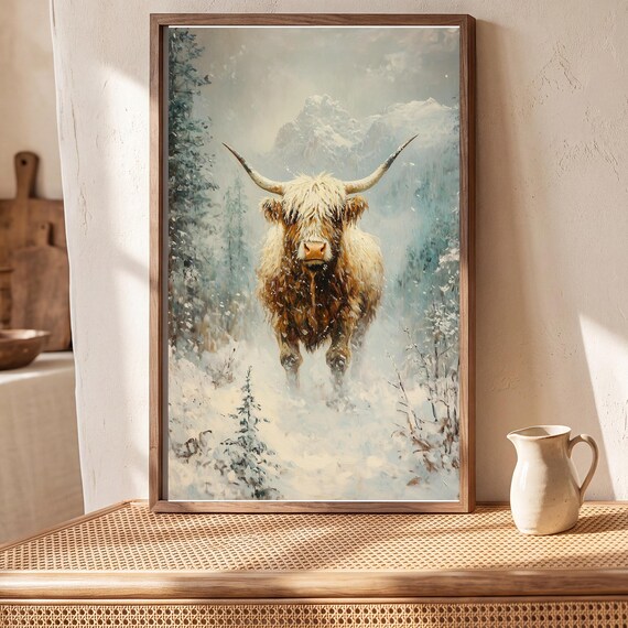 Highland Cow in Snow Antique Oil Painting — view 5