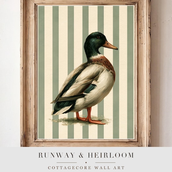 Mallard on Ticking Stripes Watercolor Print