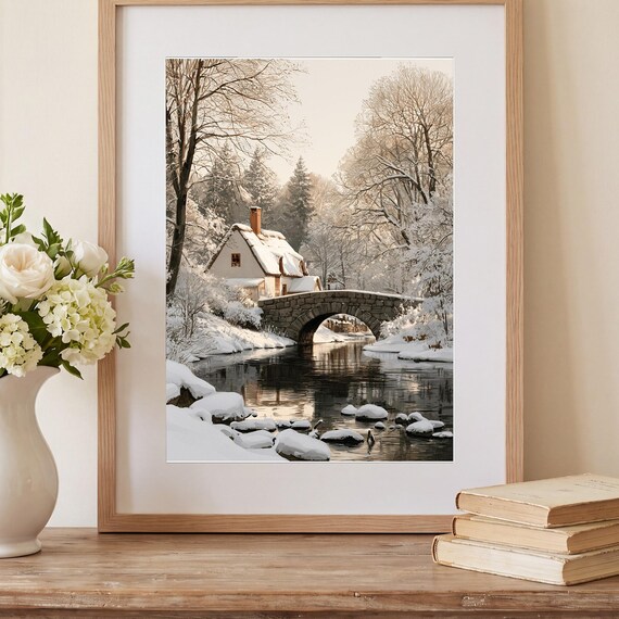 Snowy Stone Bridge & Cottage Watercolor Print — view 2