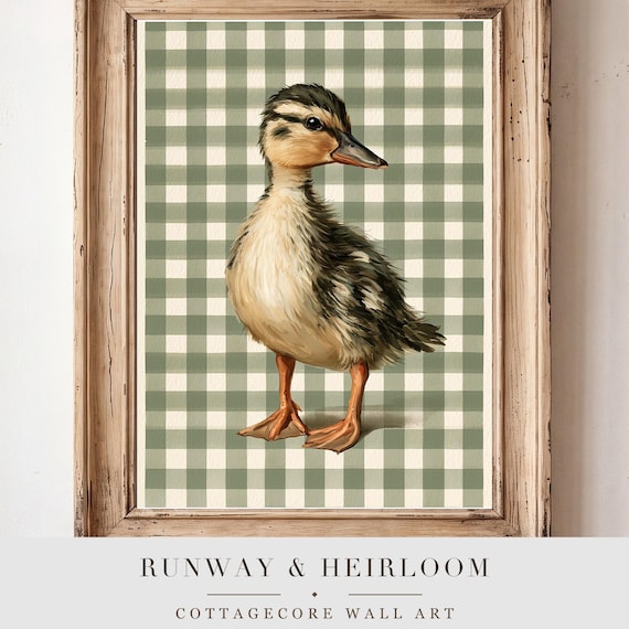Duckling on Ticking Stripes Watercolor Art Print