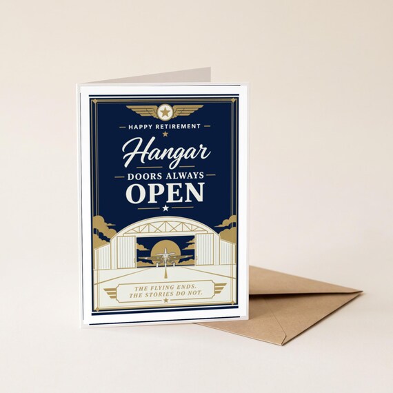 Hangar Doors Always Open Pilot Retirement Card Printable Happy Digital Download Aviation Captain Gift Flight Crew Party Keepsake Men &mdash; view 4