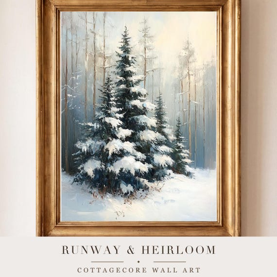 Snowy Evergreen Bough Antique Oil Painting — view 4