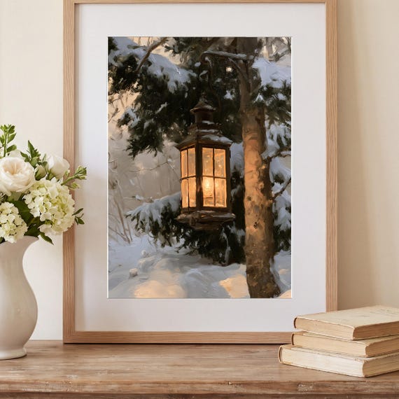 Lantern in a Snowfall Antique Oil Painting — view 2