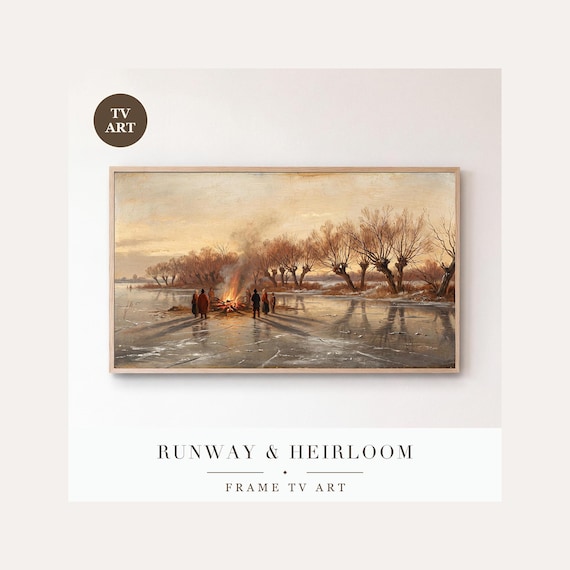 Bonfire on the Shore Frame TV Art, Samsung Frame TV Art Dutch Winter Oil Painting, Vintage Skat…