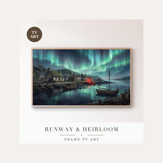 Fishing Hamlet Aurora Frame TV Art, Samsung Frame TV Art Northern Lights Painting, Nordic Winte…