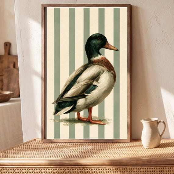Mallard on Ticking Stripes Watercolor Print — view 4