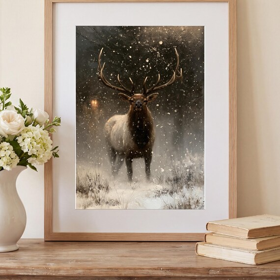 Bull Elk in Snow Antique Oil Painting — view 2