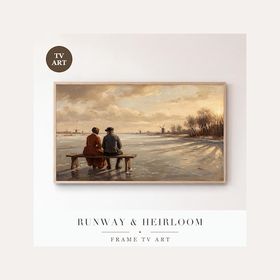 Bench at the Ice Edge Frame TV Art, Samsung Frame TV Art Dutch Winter Oil Painting, Vintage Ska…