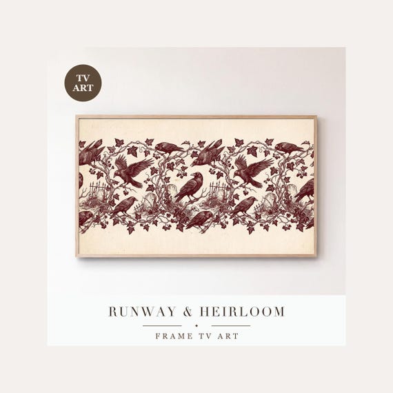 Ravens and Ivy Toile Frame TV Art, Samsung Frame TV Art Gothic Toile de Jouy Pattern, Oxblood H…