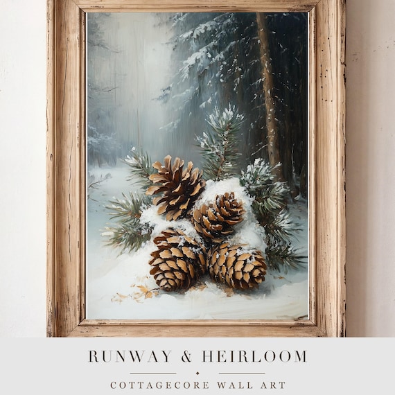 Pinecones in Snow Antique Oil Painting
