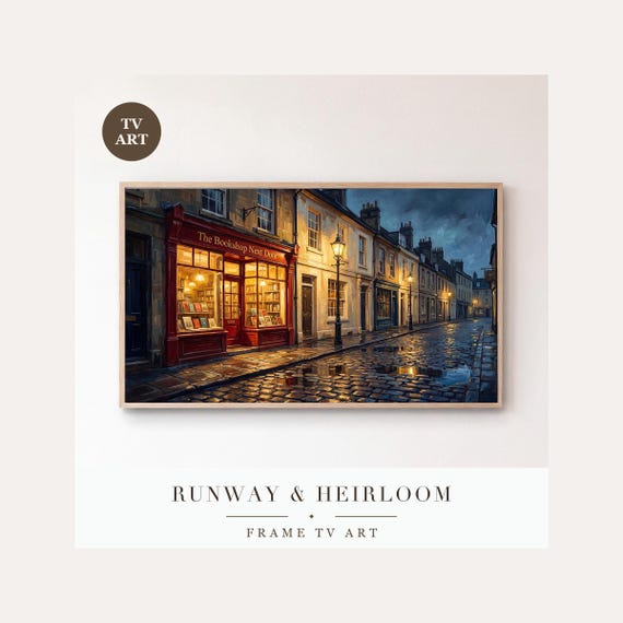 Lamplit Bookshop Frame TV Art, Samsung Frame TV Art Vintage Christmas Shop Nocturne, Nostalgic …