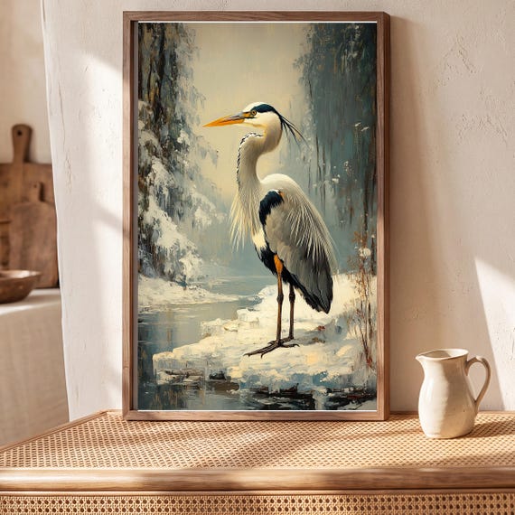 Grey Heron on Frozen Marsh Antique Oil Painting — view 5