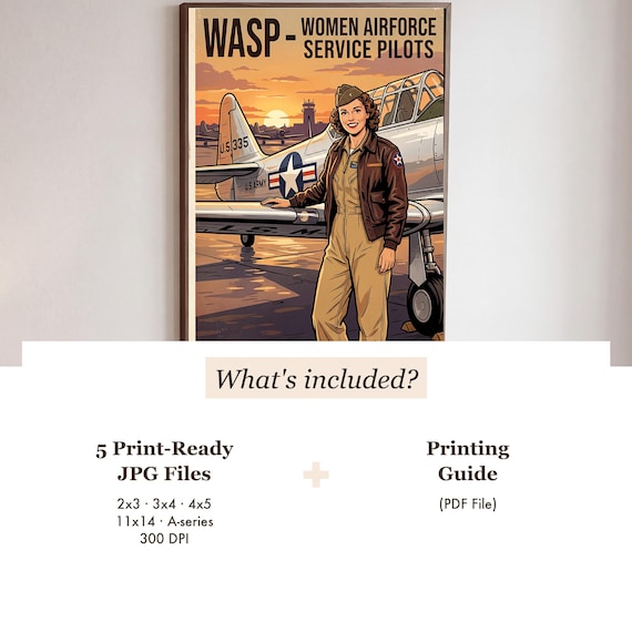 WASP Pilot Pin Up Print Vintage Aviation Pinup Wall Art Retro WWII Poster Digital Download Aircraft Airplane Warbird Hangar Office — view 3