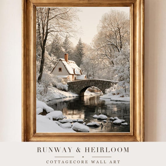 Snowy Stone Bridge & Cottage Watercolor Print — view 4