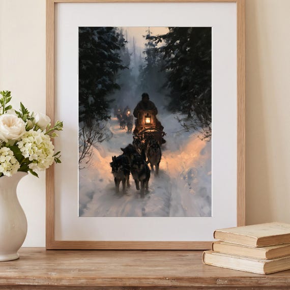 Sled Dog Team Antique Oil Painting — view 2